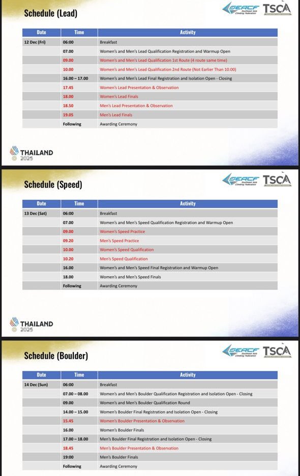 M A S 🇲🇾 
C L I M B I N G
T E A M

LEAD - 12 Dec
SPEED - 13 Dec
BOULDER - 14 Dec

Oﬃcial live streaming links through the Thailand Sport Climbing Association’s (TSCA) oﬃcial
website: tsca.or.th or tscahub.com

#SEAGAMESTHAILAND2025