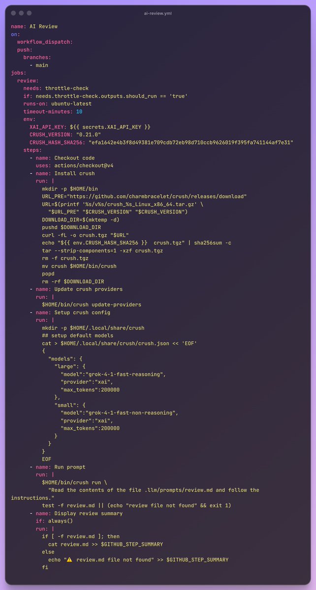 lucrnz's tweet image. I integrated Grok with Github Actions to review my codebase automatically

I wrote a GHA workflow that installs @charmcli  crush,  and it runs it to follow a prompt stored in the repo.

Result: Agent writes a review for the entire project to highlight issues/bugs/etc.

Of course,…