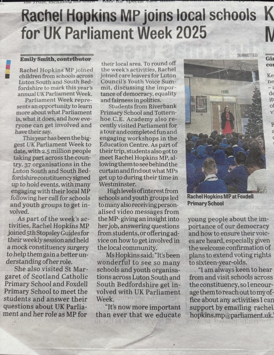 TotternhoeCE's tweet photo. After our Year 6 class visited The House of Commons last month, it was lovely to receive a personal letter from Rachel Hopkins MP and see our name in print in the local paper. https://t.co/0AQYsSjvSC