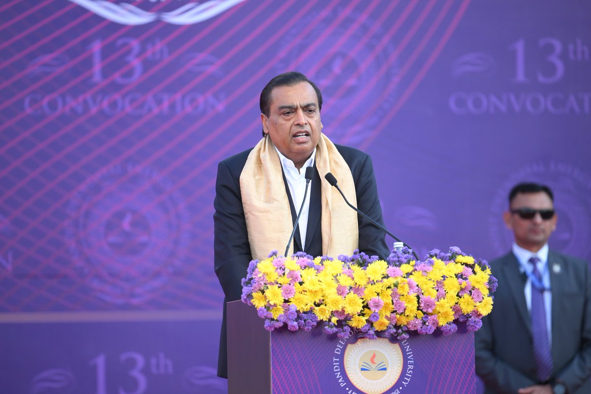RIL_Updates's tweet photo. Honouring India’s future leaders! Chairman Shri Mukesh D. Ambani addressed the 13th Convocation of Pandit Deendayal Energy University, Gandhinagar.

He highlighted India’s growth at nearly 8% and PDEU’s role in building an #AtmaNirbharBharat through innovation in green energy & technology.

To the graduates: Your lifelong companions are Curiosity, Courage, Perseverance & Gratitude. Lead with questions in the age of AI.

Watch the full address: https://t.co/51a31Vcbue

#Reliance #PDEU #Convocation2025 #FutureOfIndia #YouthPower #GreenEnergy #Innovation