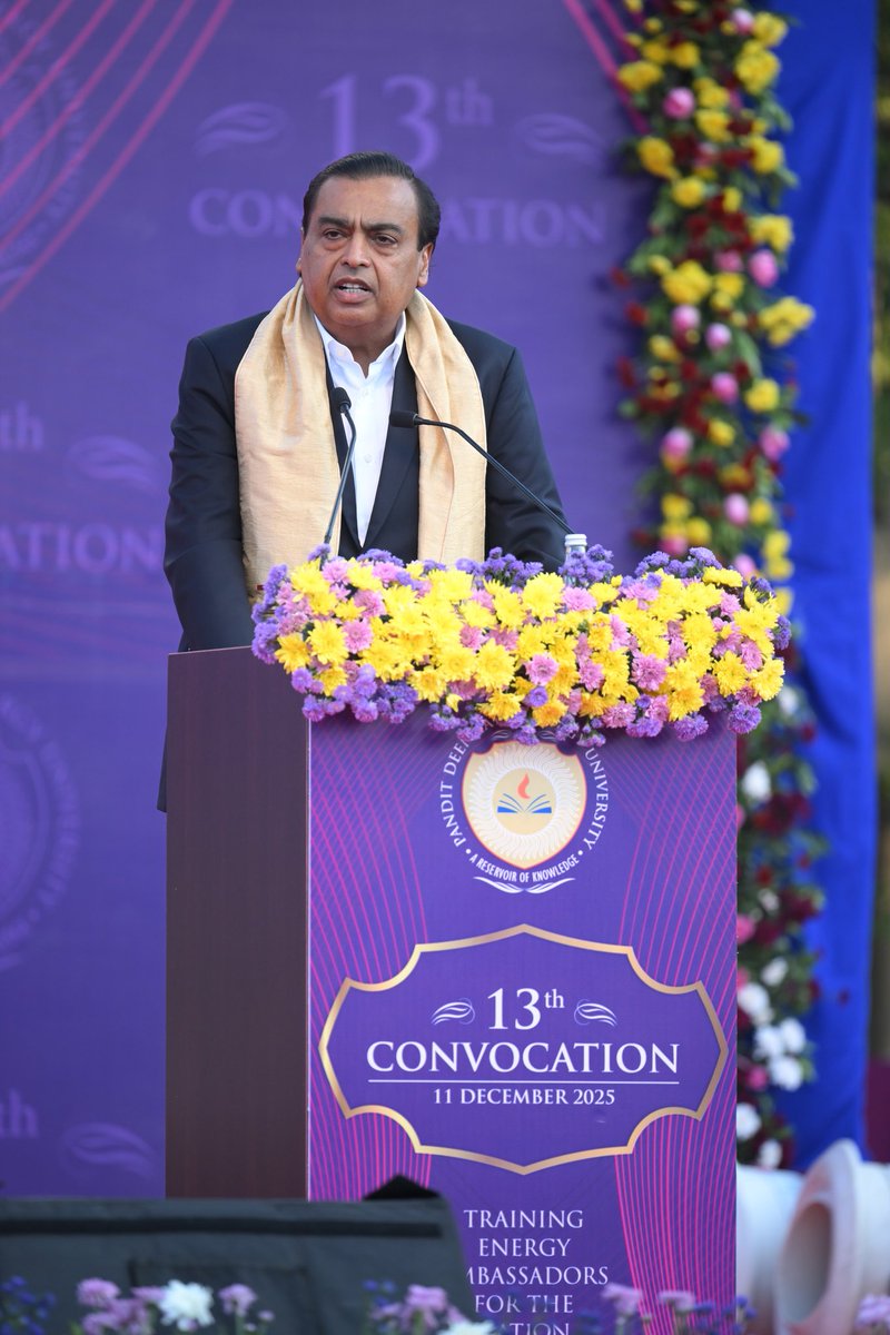 RIL_Updates's tweet photo. Honouring India’s future leaders! Chairman Shri Mukesh D. Ambani addressed the 13th Convocation of Pandit Deendayal Energy University, Gandhinagar.

He highlighted India’s growth at nearly 8% and PDEU’s role in building an #AtmaNirbharBharat through innovation in green energy & technology.

To the graduates: Your lifelong companions are Curiosity, Courage, Perseverance & Gratitude. Lead with questions in the age of AI.

Watch the full address: https://t.co/51a31Vcbue

#Reliance #PDEU #Convocation2025 #FutureOfIndia #YouthPower #GreenEnergy #Innovation