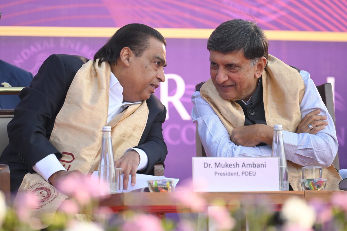 RIL_Updates's tweet photo. Honouring India’s future leaders! Chairman Shri Mukesh D. Ambani addressed the 13th Convocation of Pandit Deendayal Energy University, Gandhinagar.

He highlighted India’s growth at nearly 8% and PDEU’s role in building an #AtmaNirbharBharat through innovation in green energy & technology.

To the graduates: Your lifelong companions are Curiosity, Courage, Perseverance & Gratitude. Lead with questions in the age of AI.

Watch the full address: https://t.co/51a31Vcbue

#Reliance #PDEU #Convocation2025 #FutureOfIndia #YouthPower #GreenEnergy #Innovation