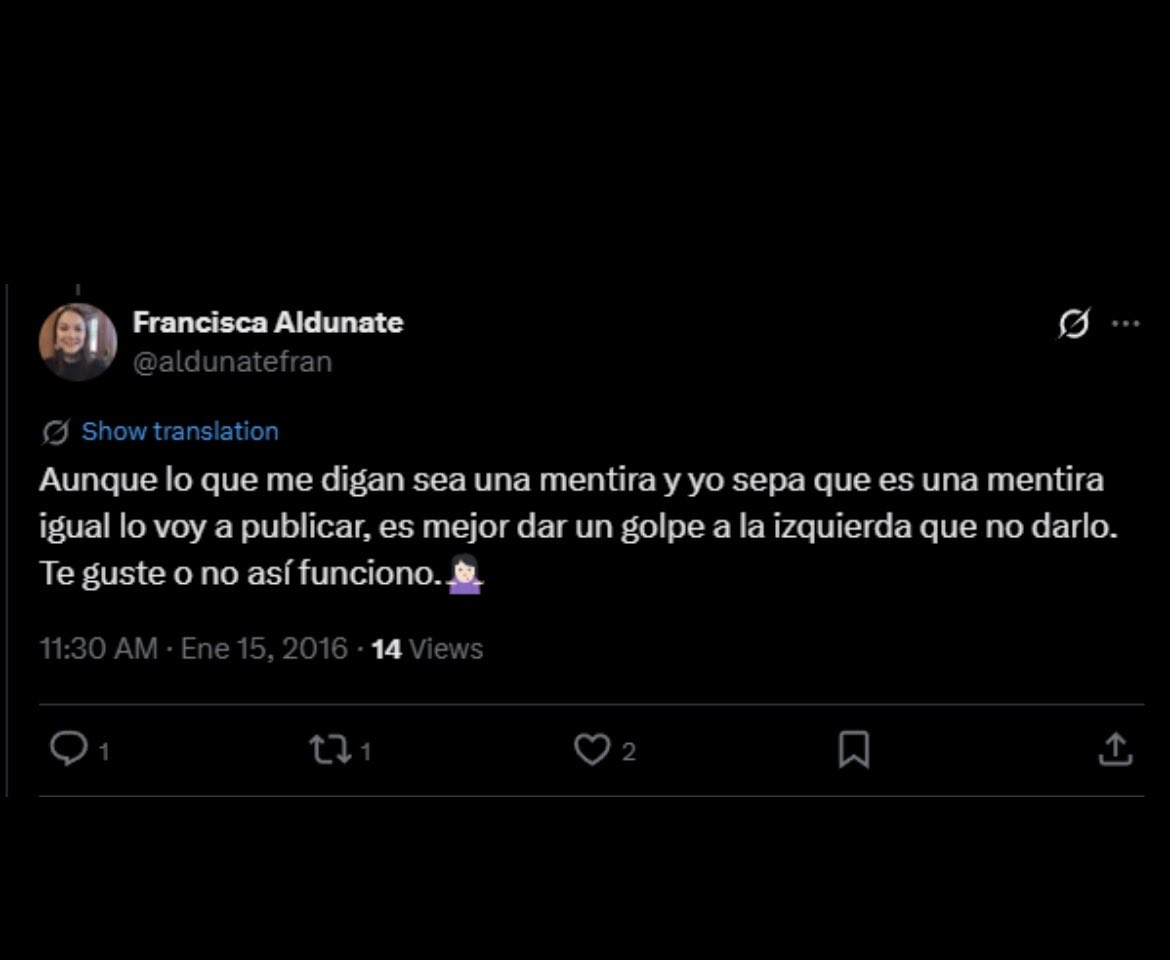 <a href="/aldunatefran/">Francisca Aldunate</a> <a href="/jeannette_jara/">Jeannette Jara Román</a> <a href="/Vespucio_Norte/">Autopista Vespucio Norte</a> <a href="/jgalemparte/">Gabriel Alemparte</a> <a href="/PanchoOrregoG/">Francisco Javier Orrego</a> <a href="/gonzalofeito/">GONZALO FEITO ROSSE</a> <a href="/ipoduje/">Ivan Poduje</a> <a href="/ommm5555/">Rafiki 🇨🇱</a> <a href="/JuanKBarth1/">JuanKBarth 🇨🇱🇺🇲🖐🏻</a> <a href="/marasedini/">Mara Sedini</a> <a href="/KrAn_Libertario/">KrAn ⭐️</a> <a href="/conihube/">Constanza Hube</a> <a href="/raneumannb/">Ricardo Neumann</a> La Fran 🤔🤔🤔🤣🤣🤣🤣