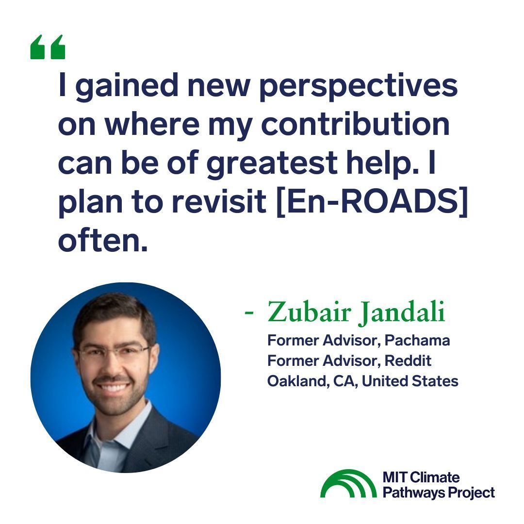 MIT_CPC's tweet image. Gain new perspectives with #EnROADS. Business leaders like Zubair Janali, fmr. advisor at Pachama &amp;amp; @Reddit, use the sims leveraged by our MIT Climate Pathways Project w/ @MITSloanSusty + @climateinteract to explore policy strategies and see which have the biggest climate impact