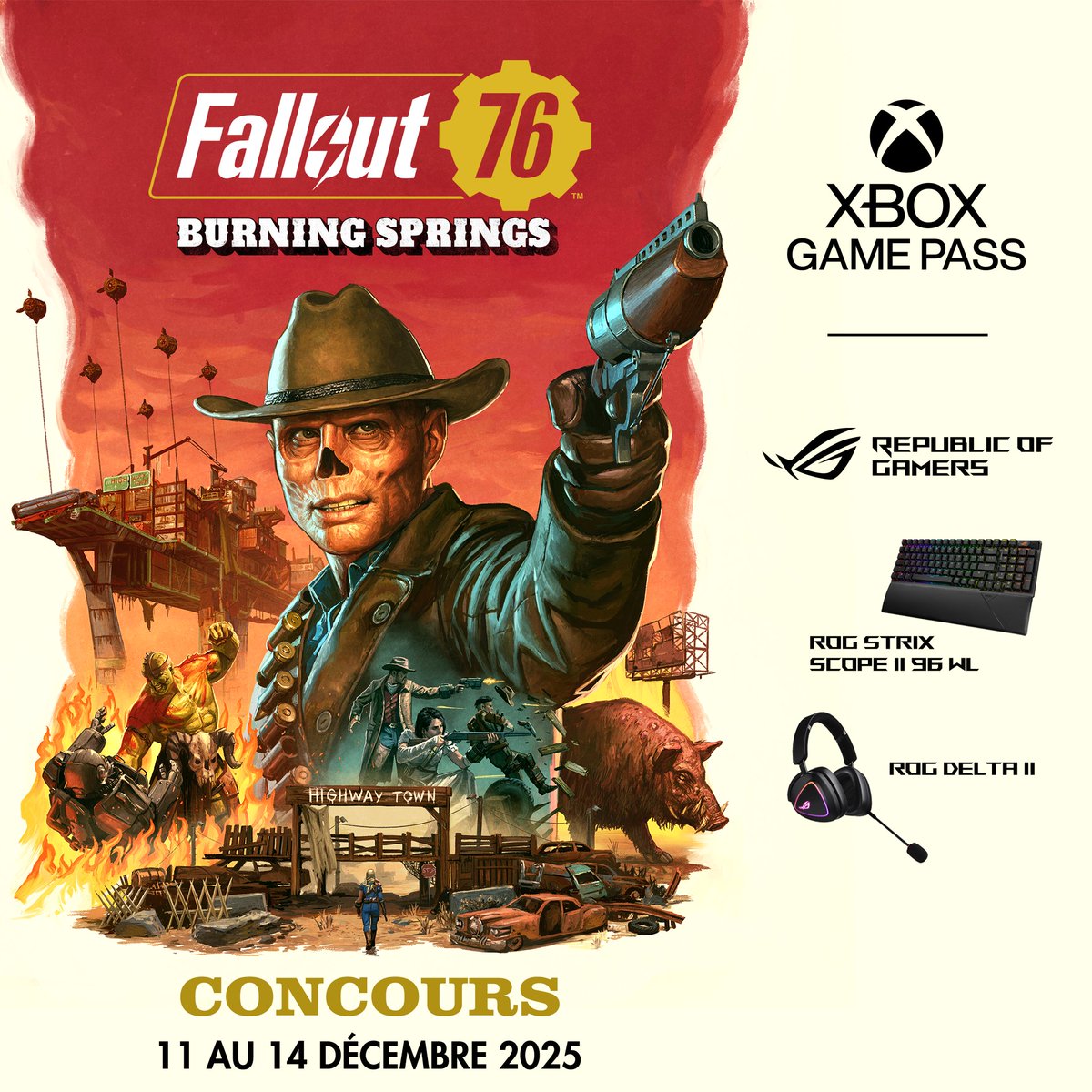 falloutfr's tweet photo. Notre concours commence aujourd’hui jusqu’au dimanche 14 décembre à 00h00 ! 🎉
Tu peux gagner l’un de ces trois lots incroyables 🎁 :
▪️ Un abonnement de 12 mois au Xbox Game Pass Ultimate
▪️ Un casque ASUS ROG DELTA 2
▪️ Un clavier ASUS ROG Strix Scope II 96 WL

Pour participer, suis les règles indiquées dans ce post Instagram : https://t.co/rC8BpcYpqd
Bonne chance, habitants de l’Abri ! 🍀🟡
#Fallout76 @XboxFR @ASUS_ROG_FR