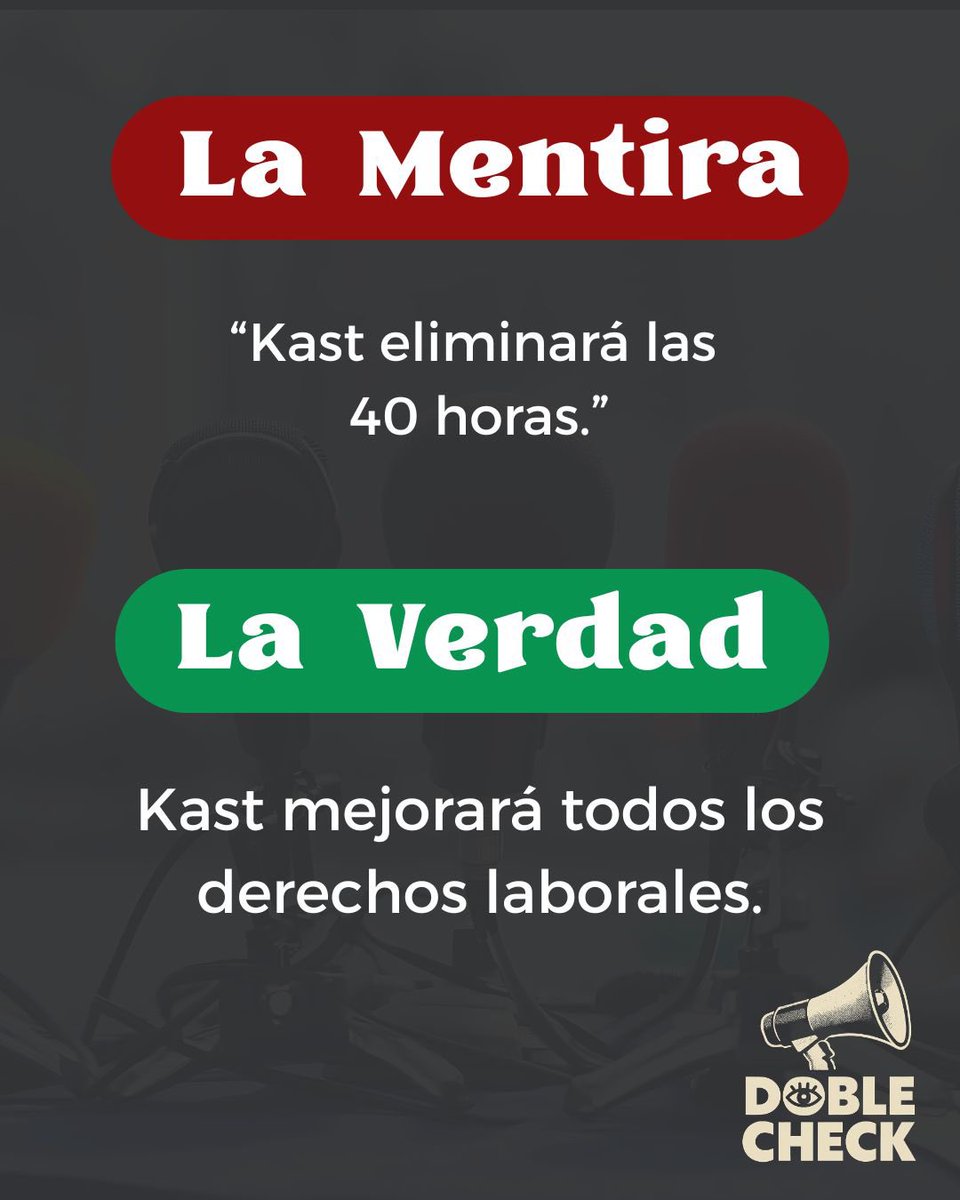 ❌LA MENTIRA❌

"Kast eliminará las 40 horas."

✅LA VERDAD✅

Kast mejorará todos los derechos laborales.

#DobleCheck