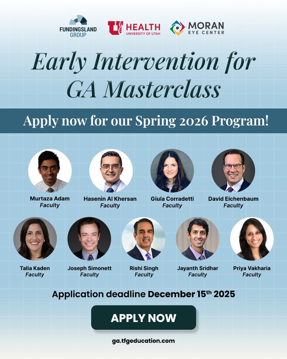 Applications for the Spring GA Masterclass are still open!

A 30-hour program for early-career retina specialists and fellows—mentor-led sessions, webinars, and in-person workshops (Mar 20–21, 2026). Limited to 30 spots. Deadline: Dec 15, 2025. 

👉 Apply: tfgedu.com/Apply-GAMaster…