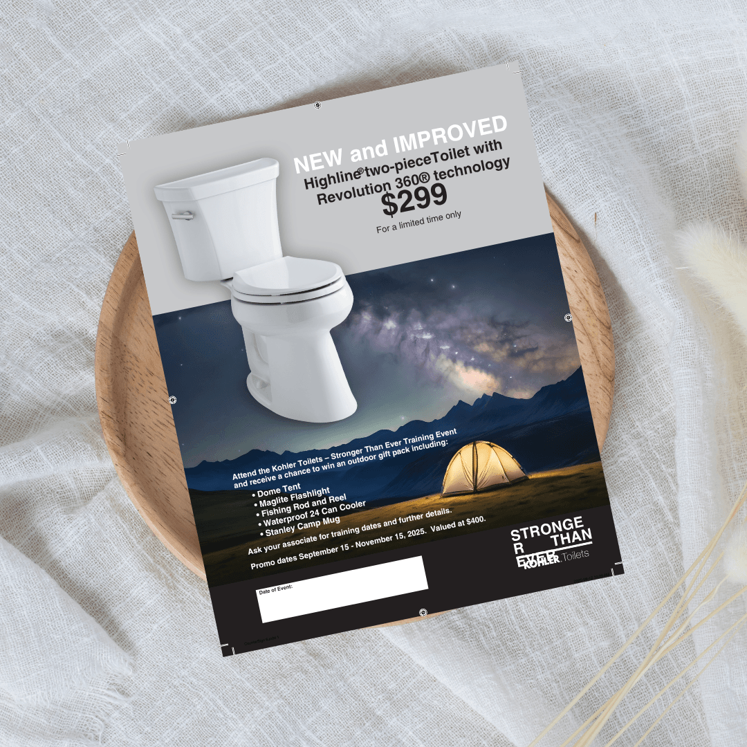 TorpedoMKTG's tweet photo. Kohler Canada’s ‘Stronger Than Ever’ promo reached 50 showrooms! Torpedo handled all prizes, signage, and branded merch — from sell sheets to staff apparel. Need help with your next campaign or event? Contact us! ⭐️📩 #EventMarketing #BrandedMerch #PromoSuccess https://t.co/kf6CLSa4jq