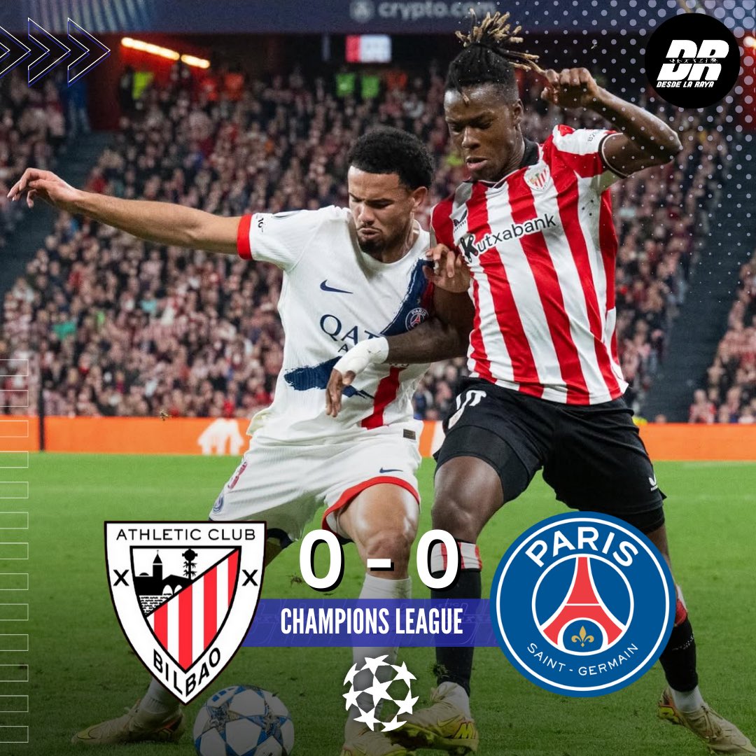EMPATE EN TIERRAS ESPAÑOLAS 🟰🇪🇸

El encuentro válido por la jornada 6 de la UEFA Champions League entre Athletic Club y París Saint-Germain finalizó con un empate sin goles en el Estadio San Mamés de Bilbao.

📸: <a href="/AthleticClub/">Athletic Club</a>