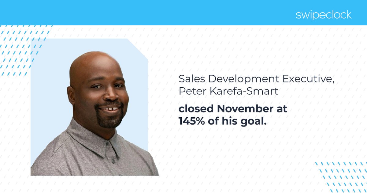 We're giving a shoutout to one of our sales rockstars for crushing his goal in November! Peter Karefa-Smart is the guy, coming in at 145% of quota. Cheers to even bigger wins ahead!