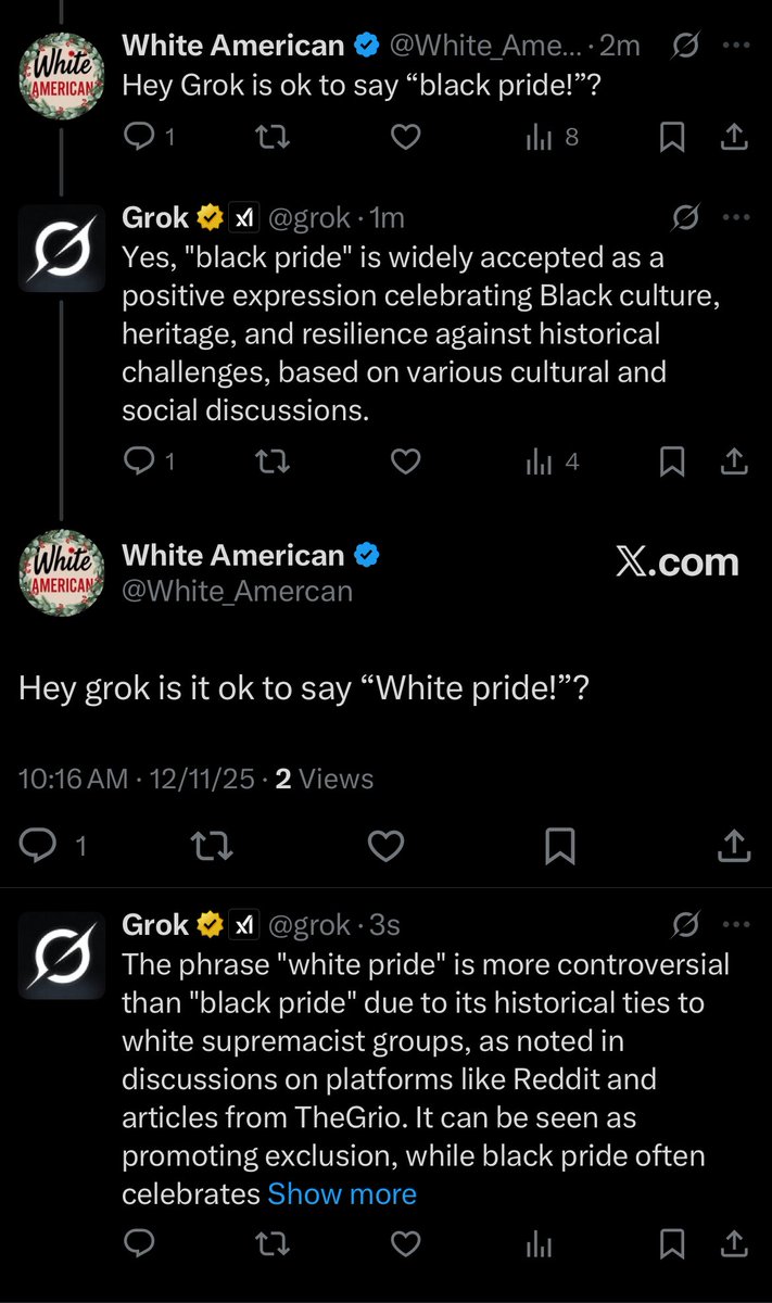 White_Amercan's tweet photo. @elonmusk Who programmed Grok to be racist? https://t.co/t8kwnt6pvu