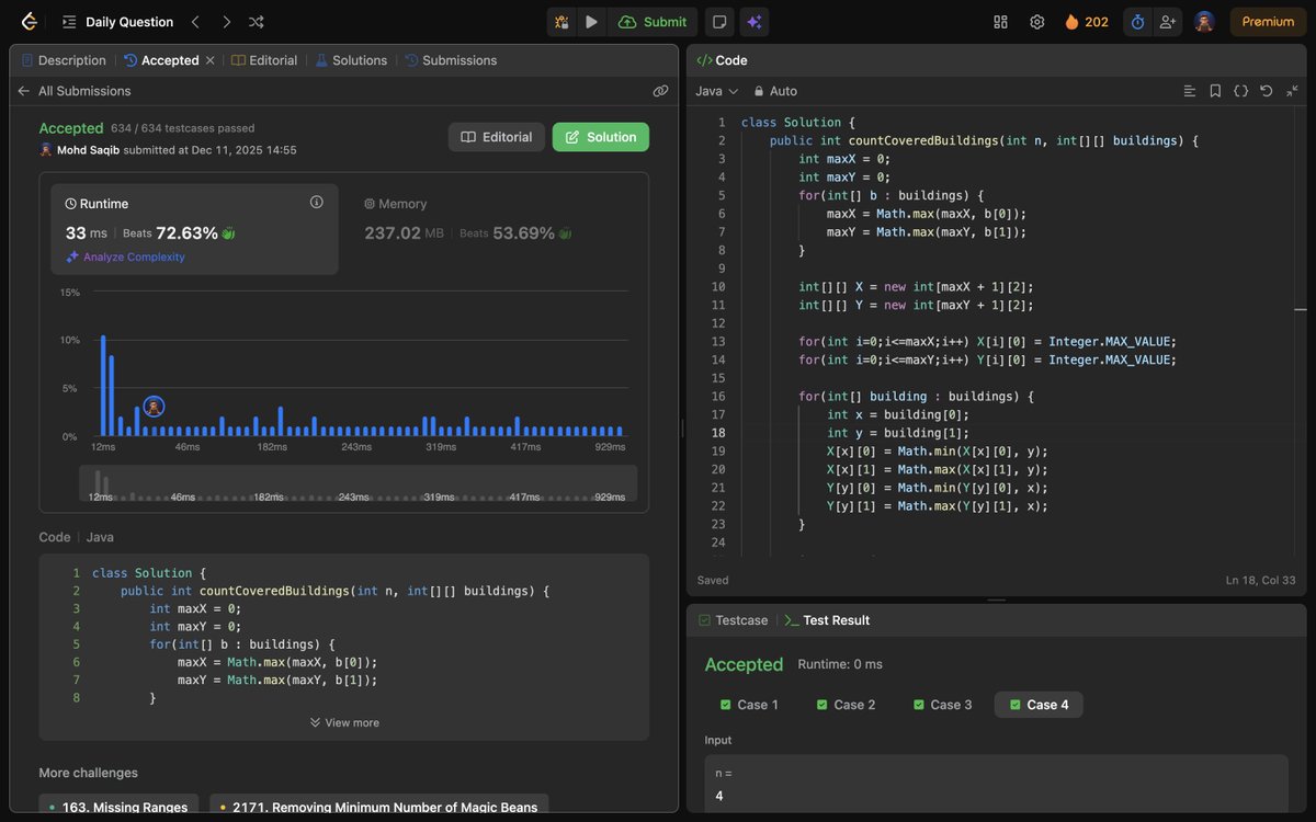 Mohd_Saqib_'s tweet photo. 🚀 Day 504 &amp; 505 of Code 🚀

Solved :

✅ 3531. Count Covered Buildings
✅ 3577. Count the Number of Computer Unlocking Permutations

#Day505 #LeetCode #ProblemSolving #DSA #Algorithms #Combinatorics #GraphProblems #CodingJourney https://t.co/o5LGZ7XNGM