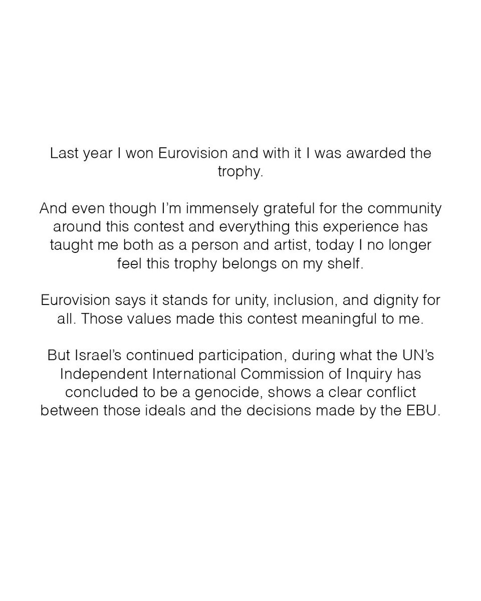 luismesacabello's tweet photo. 🔴 ÚLTIMA HORA: Nemo devolverá el trofeo de Eurovisión que obtuvo en Malmö a la UER. 

'Si los valores que vendemos en el escenario no se viven fuera, hasta las canciones más bonitas pierden su sentido' https://t.co/mo99TQTIHh
