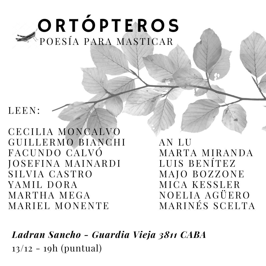 🌿 ORTÓPTEROS – poesía para masticar

Este 13/12 – 19 hs en Ladran Sancho

Lecturas hermosas y un pedacito de VaPoesía en las voces de Martha Mega, Marinés Scelta y Marta Miranda.

📍 Guardia Vieja 3811, CABA
Caé, escuchá y quedate charlando. 🌱✨