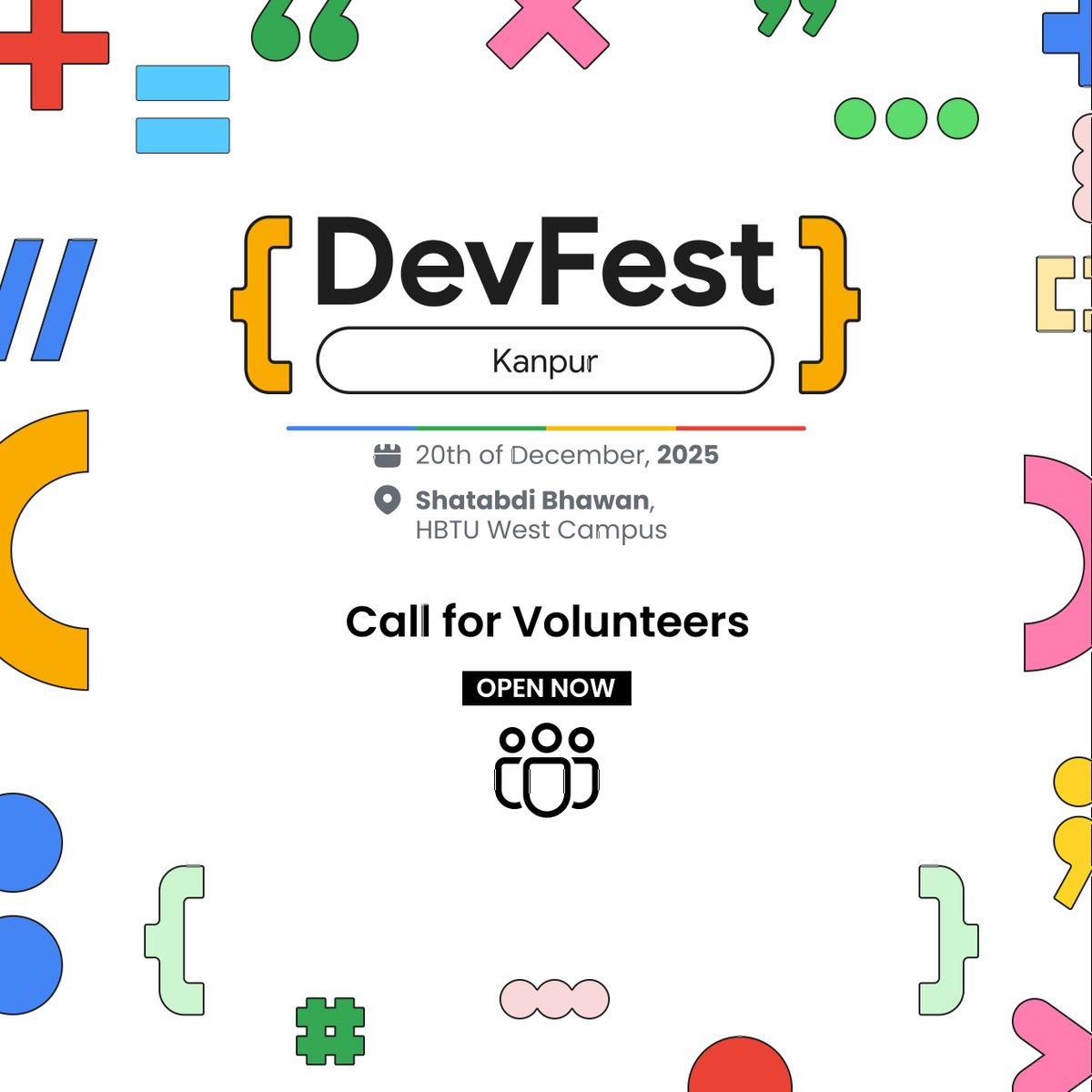 Want to be part of something awesome? 🌟

DevFest Kanpur 2025 is happening, and we are looking for smart individuals to join our squad! 🤝

Join us at HBTU on December 20th, 2025

forms.gle/wwevHEesMhs4RM…

#GDG #DevFest #CommunityBuilders #VolunteerOpportunity #KanpurEvents #Tech