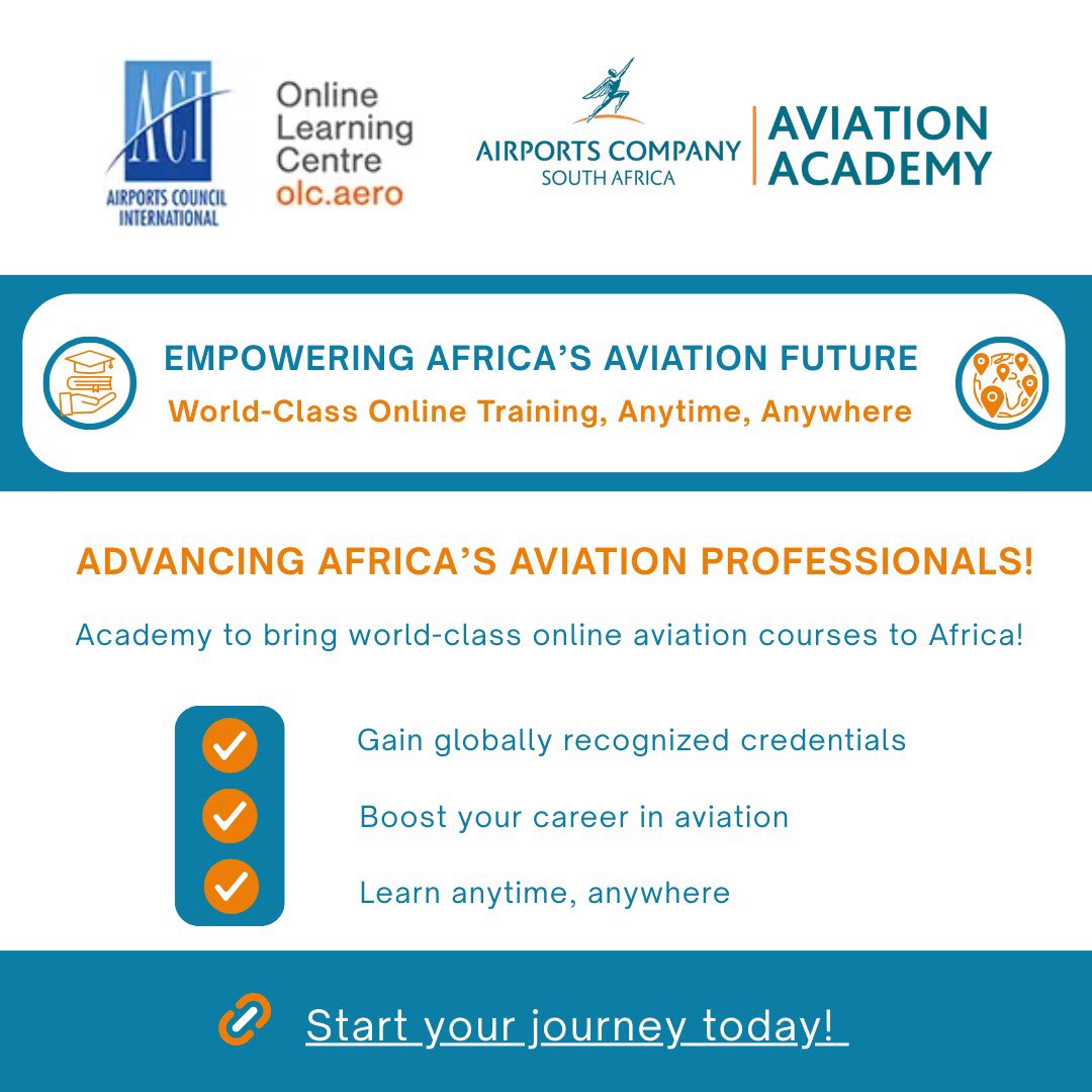 Empowering Africa’s Aviation Future – World-Class Online Training, Anytime, Anywhere.

Advancing Africa’s Aviation Professionals!

ACSA Aviation Academy has partnered with #ACIOnlineLearningCentre to bring world-class online aviation courses to Africa! 

✅ Gain globally