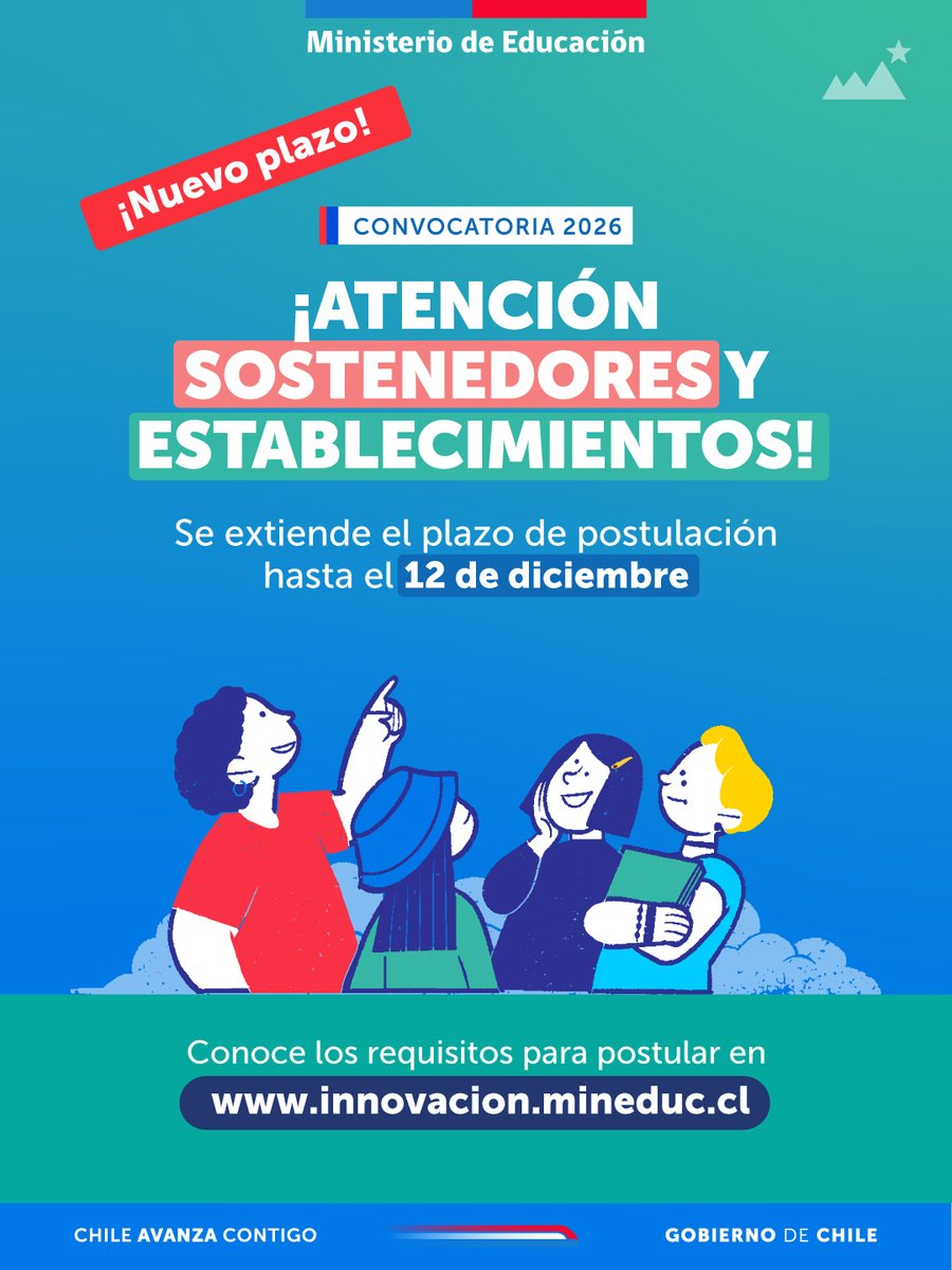 📣 ¡Atención Sostenedores y Establecimientos!

📅 Se extiende el plazo para postular a la convocatoria de proyectos de innovación y tecnología digital 2026.

🔗 ¡No te quedes fuera y postula hasta el 12 de diciembre en innnovacion.mineduc.cl!