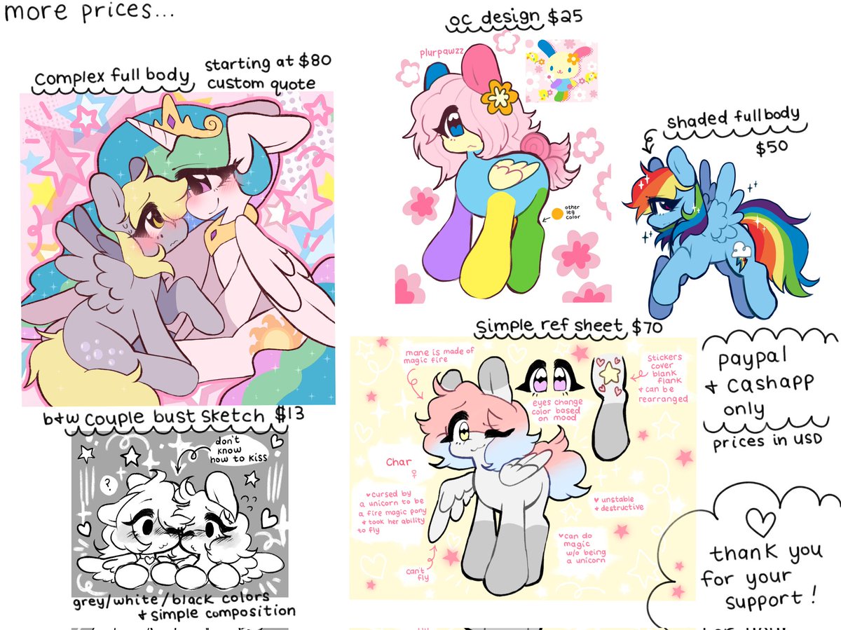 plurpawzz's tweet photo. 🍪🦴COMMS OPEN 🌈🩷🐛🐾
hi everyone! im opening some commission slots on here
i will draw....
- any gender/style/type of pony
i will not draw....
- nsfw
- suggestive art
- gore
- hate speech/symbols
- furries, humans, etc.
prices below! thank you
#mlpcommissions #mlpart https://t.co/YZhukMUcV7