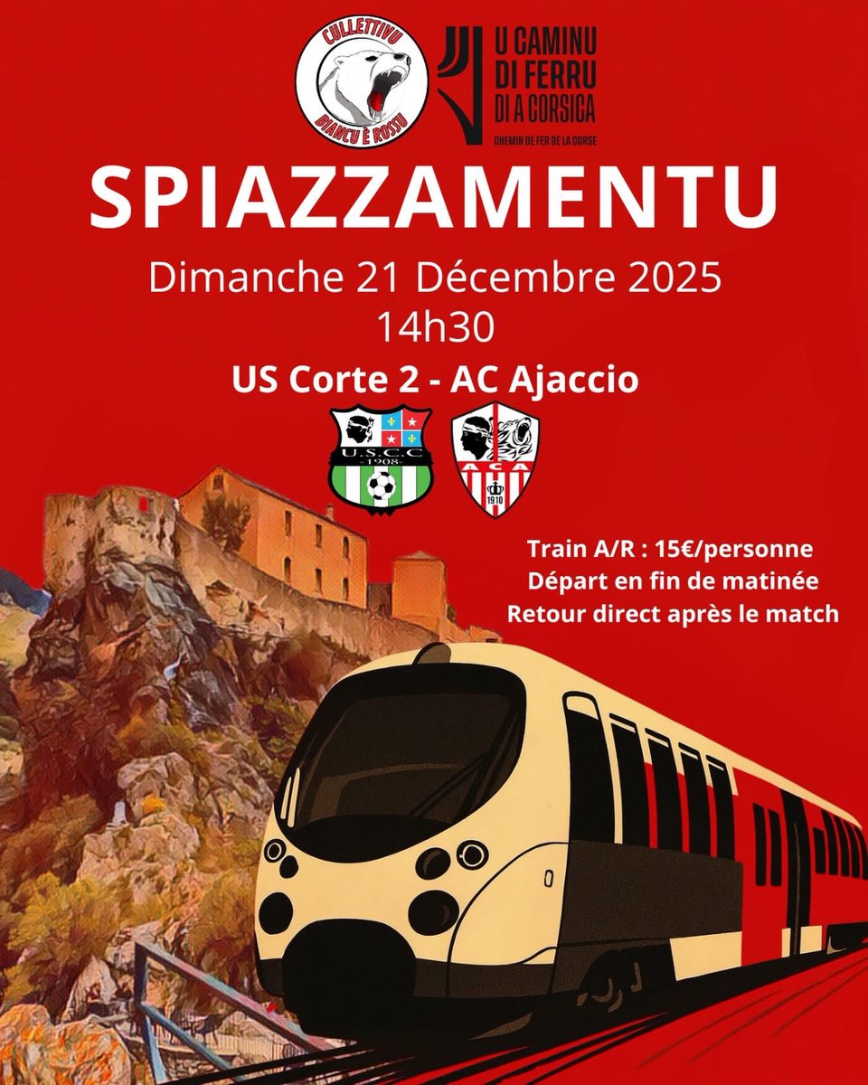 Le <a href="/cullettivuBeR/">Cullettivu Biancu è Rossu</a> organise un déplace pour le match entre l'US Corte 2 et l'AC Ajaccio le 21 décembre prochain. Après le bateau, le car, les supporters de l'ACA se déplaceront en nombre... en train ⚪️🔴