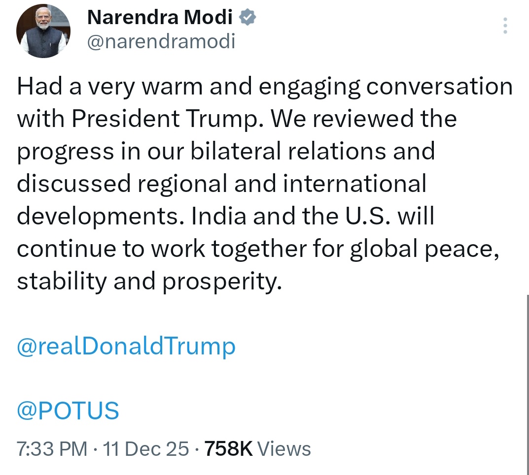 प्रधानमंत्री मोदी और अमेरिकी राष्ट्रपति डोनाल्ड ट्रंप के बीच फोन पर बातचीत हुई। दोनों नेताओं ने भारत-अमेरिका द्विपक्षीय संबंधों की प्रगति की समीक्षा की और क्षेत्रीय एवं वैश्विक मुद्दों पर विस्तृत चर्चा की।

इस बातचीत की जानकारी स्वयं प्रधानमंत्री ने दी।