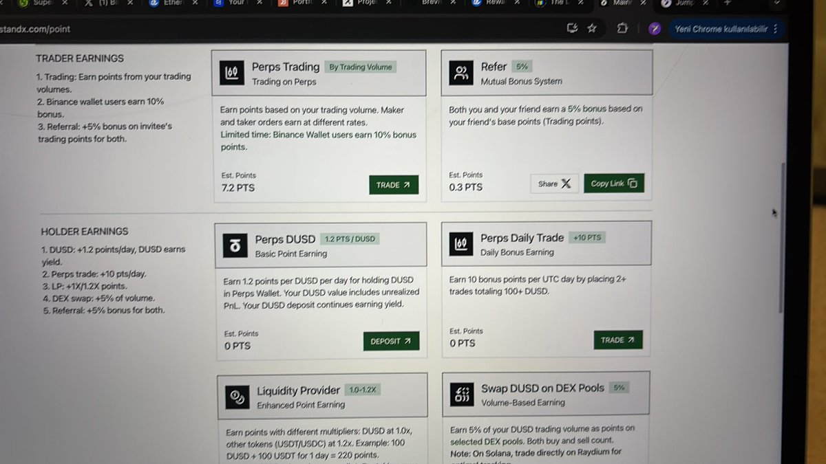 EC0650's tweet image. Pre deposit sezonda cüzdanda $dust tutarak ve swap yaparak puan toplamıştık.  Perps alpha sezonu başladı. Buraya bi miktar para aktarıp işlemlere başladım. Çeşitli şekillerde puan toplanabiliyor. @StandX_Official