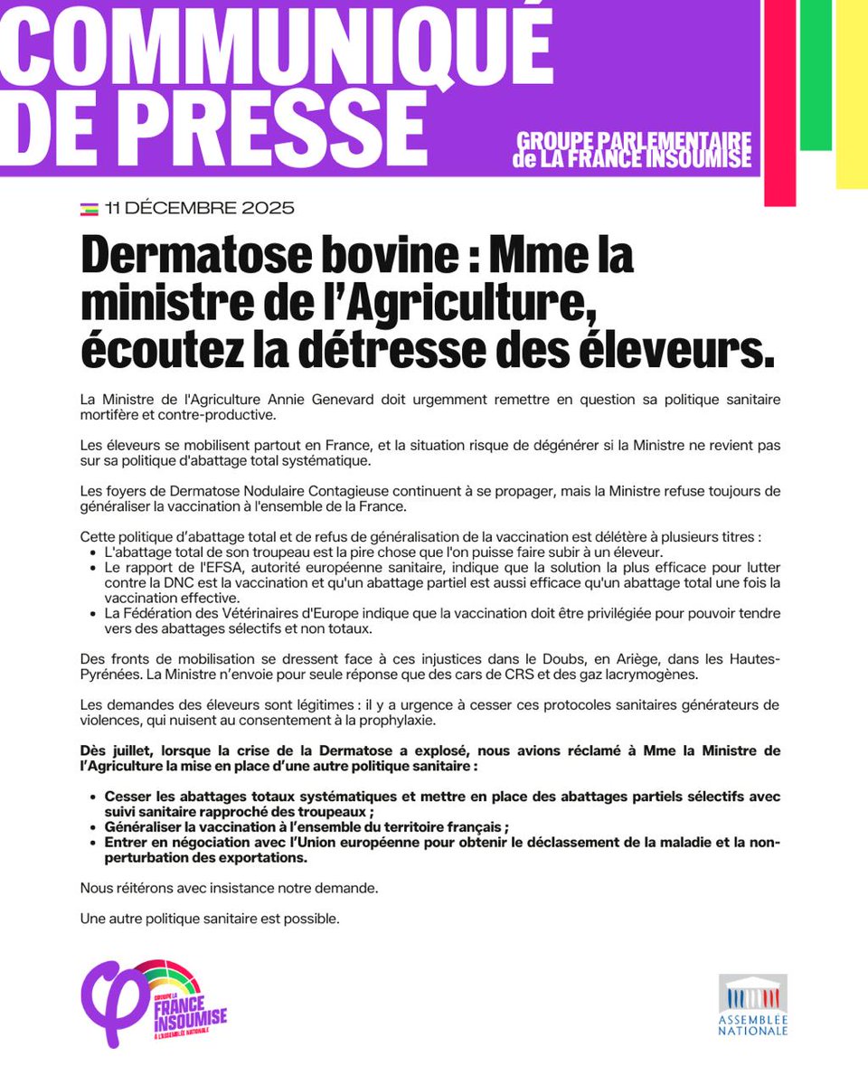🔴Un millier de personnes sont encore rassemblées sur une ferme en #Ariege limitrophe de la Haute-Garonne, où un cas de Dermatose Nodulaire Contagieuse a été déclaré il y a 2 jours.

Communiqué de <a href="/FiAssemblee/">La France Insoumise à l'Assemblée nationale</a> sur la situation des #AgriculteursEnColere.

À diffuser !
