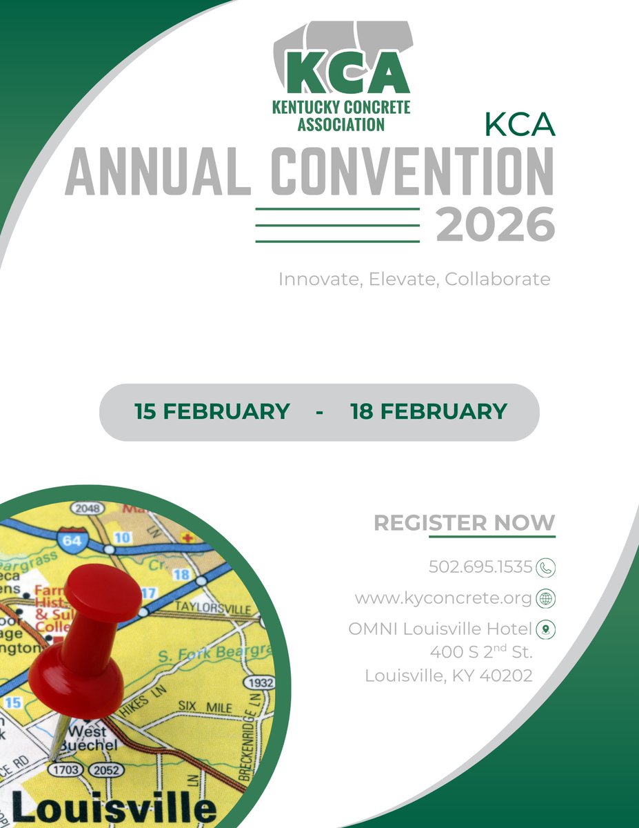 Registration is open for the 2026 KCA Annual Convention!
Join us Feb. 15–18 at the OMNI Louisville Hotel.

Early Bird runs through Jan. 16—secure your spot today!
Sponsorship opportunities are also available, but they’ll go fast.
business.kyconcrete.org/ap/Events/Regi…