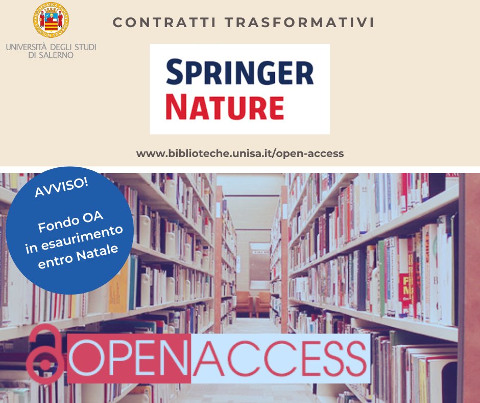 #digitalUNISA #openaccess 
In riferimento al contratto 𝐂𝐑𝐔𝐈-𝐒𝐏𝐑𝐈𝐍𝐆𝐄𝐑 𝐍𝐀𝐓𝐔𝐑𝐄 (𝟐𝟎𝟐𝟓-𝟐𝟎𝟐𝟗) le APC previste da contratto per l’Open Access fino al 31 dicembre 2025 termineranno probabilmente durante la settimana di Natale.
biblioteche.unisa.it/open-access