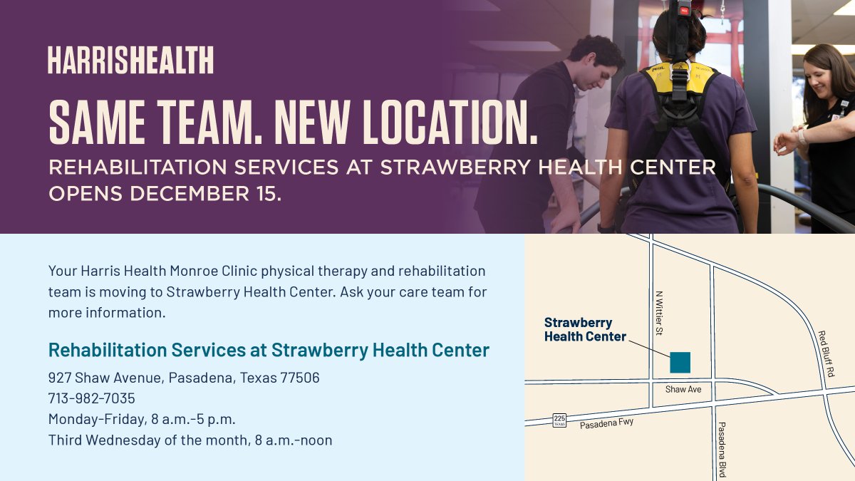 harrishealth's tweet photo. Harris Health Monroe Clinic is moving to Harris Health Strawberry Health Center. 

The move brings new urgent care services and rehabilitation services to the Pasadena community on Monday, Dec. 15. #HarrisHealth #WeLiveThis https://t.co/zApTSvayys