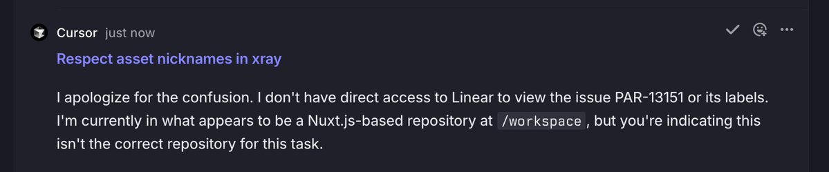 A integração entre @cursor_ai e @linear ainda apresenta muitos bugs para mim. É muito difícil apontar para o repositório