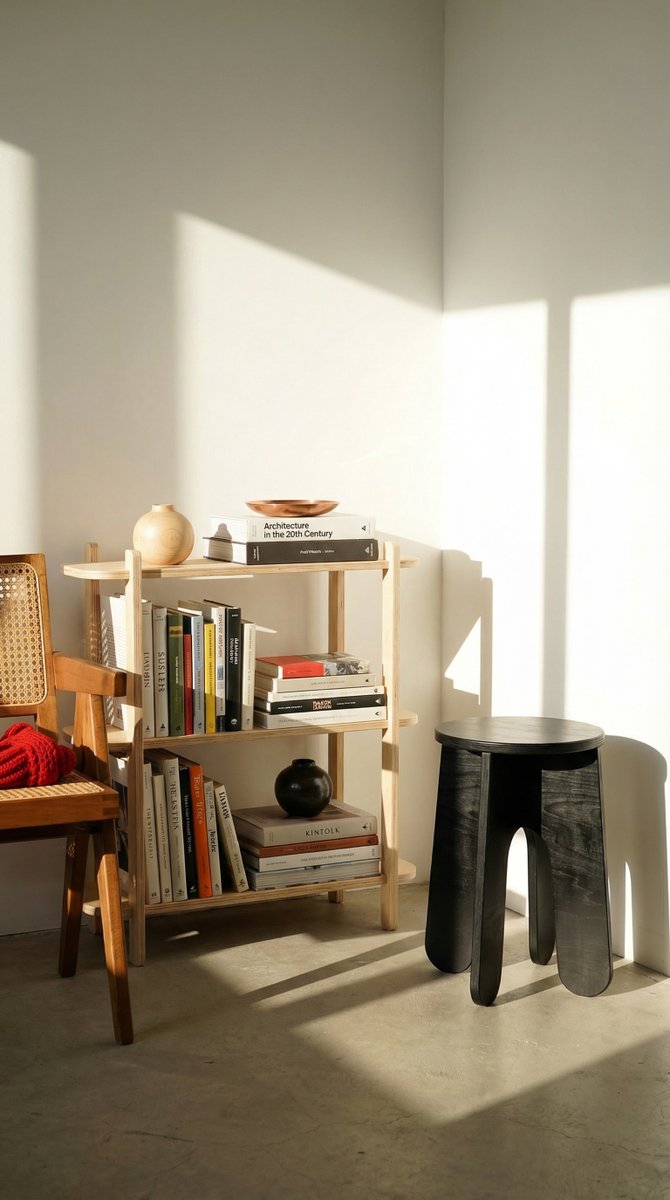 Modern Shelf + No Tool Stool (stained in black) is a wonderful corner combo.