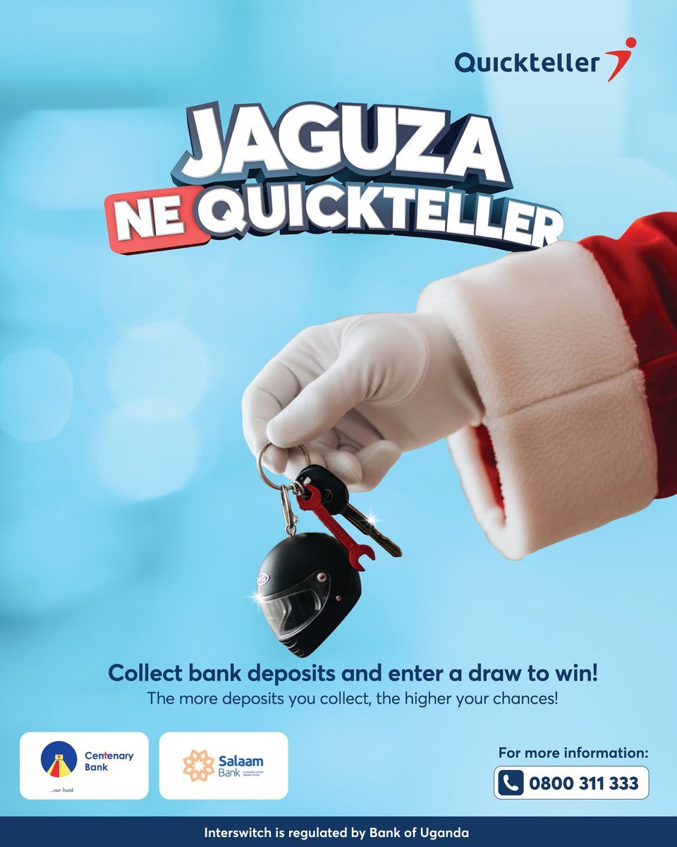 interswitchug's tweet image. Holiday News to all Quickteller Agents!!! 

Collect bank deposits and enter a draw to win big! 

The more bank deposits you collect from bank customers, the higher your chances of winning.

 #JaguzaNeQuickteller #QuicktellerAgents #FestiveRewards