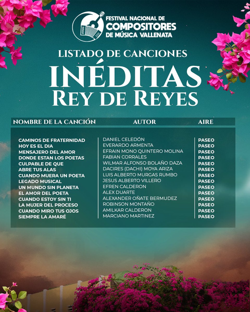 Presentamos el listado oficial de canciones inscritas en la Canción Inédita - Categoría Profesional Rey de Reyes del 48 Festival Nacional de Compositores de Música Vallenata.
