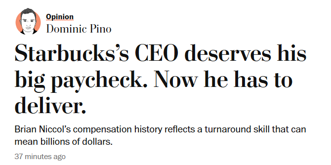 The Jeff Bezos owned Post thinks the Starbucks CEO deserves his $96 million paycheck-6,666 times more than what the median worker makes. Shocker! 

Bezos became $3.38 billion richer YESTERDAY &amp; is worth $254 billion. To him $96 million is peanuts.

Democracy dies in oligarchy.