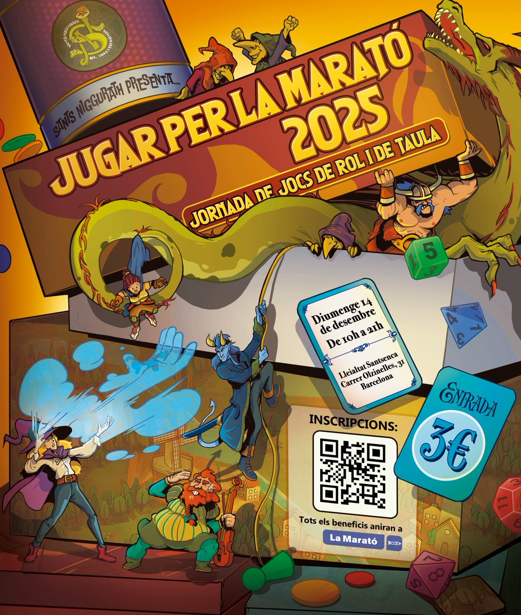 ¡Este domingo es el Jugar per la Marató que organiza <a href="/SantsNiggurath/">Sants-Niggurath</a>! Estaremos un año más aportando nuestro grano de arena dinamizando la ludoteca, pero habrá más cosas, como partidas de rol, rifas solidarias... Toda la info en: sants-niggurath.org/jugar-per-la-m…