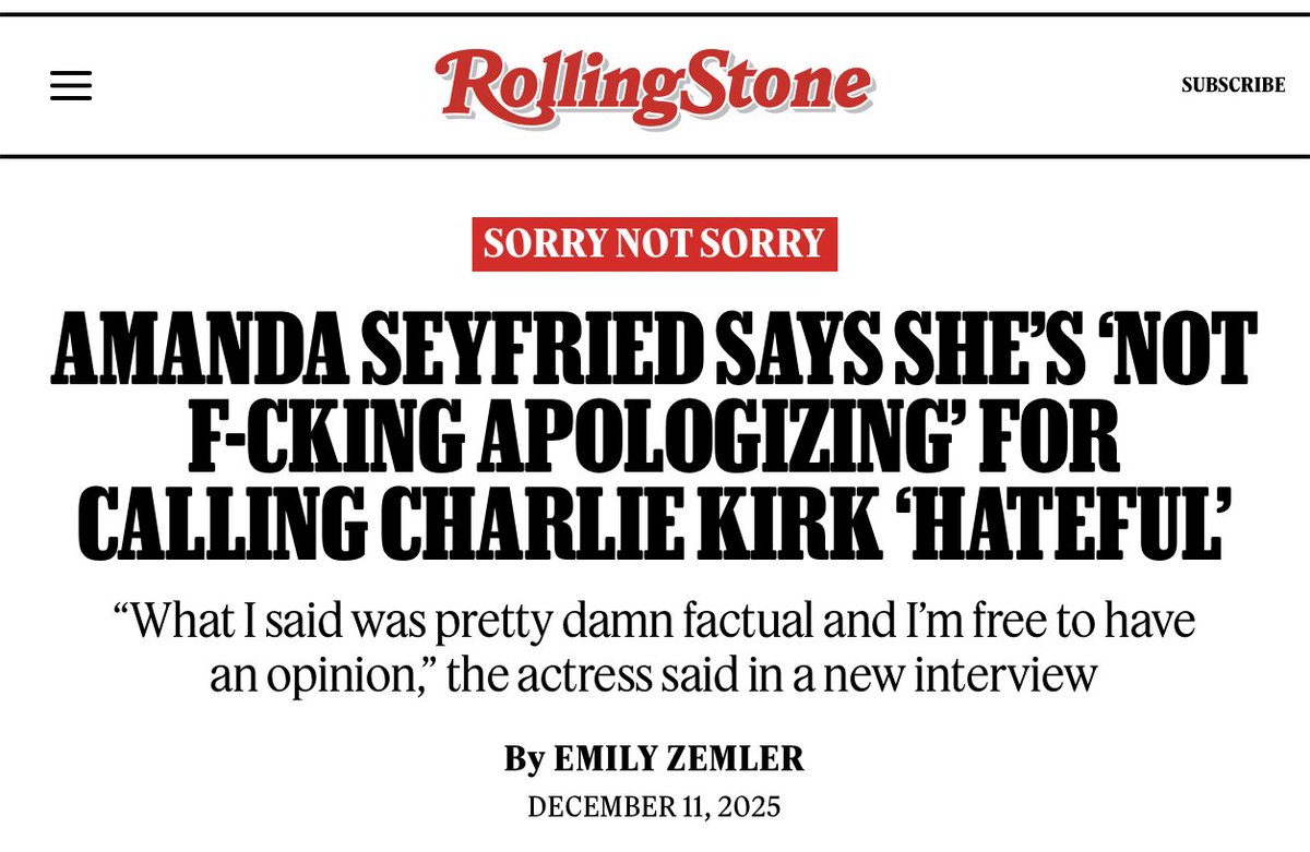 MQSullivan's tweet image. Never heard of this "actress / singer-songwriter" Amanda Seyfried until this headline popped up, but she seems entirely unpleasant and ... dare I say ... hateful?

I do, however, appreciate Rolling Stone introducing us to the most classless people on the planet.