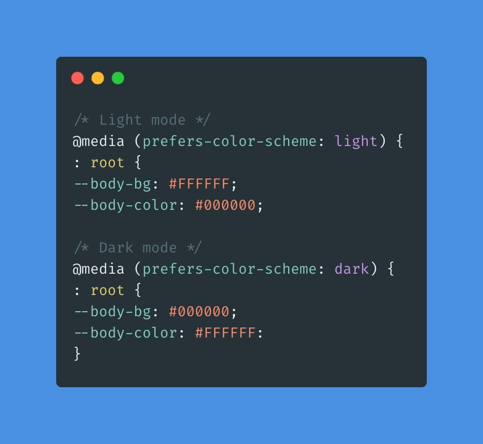 csaba_kissi's tweet photo. 💡CSS Trick

You can use the prefers-color-scheme media queries to switch between Dark and Light modes automatically. https://t.co/iyg7wHfKq8