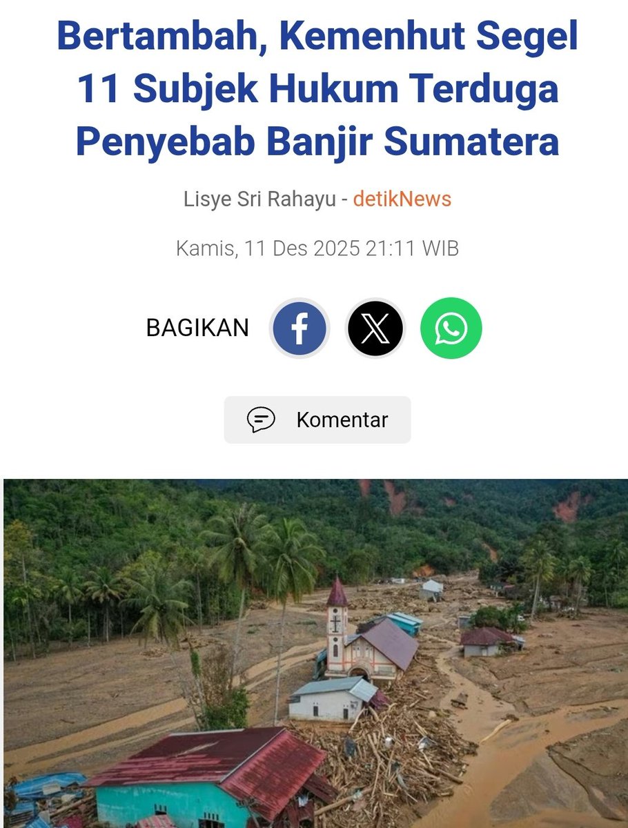 Kemenhut kembali melakukan  tindakan tegas menyegel subjek hukum terduga penyebab banjir dan longsor di Sumatera.

Saat ini total subjek hukum yang sudah disegel dan diverifikasi lapangan oleh Kementerian Kehutanan berjumlah 11 entitas, terdiri dari 4 Korporasi (PT. TPL, PT. AR,