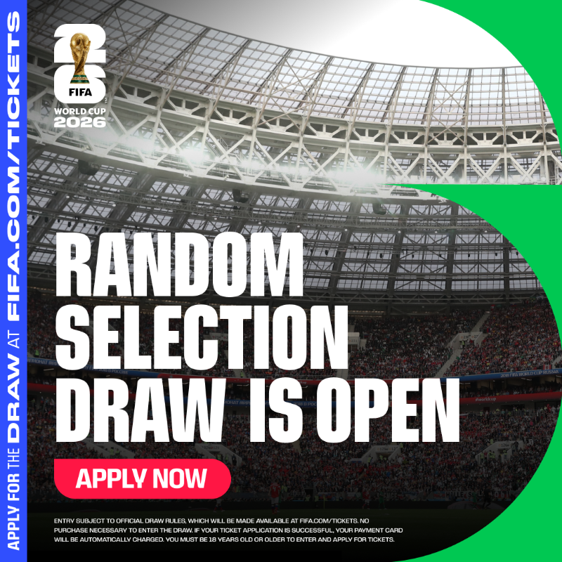 FIFAWorldCup's tweet photo. Enter the Random Selection Draw to apply for #FIFAWorldCup tickets 🇨🇦🇲🇽🇺🇸

Must be 18+ to enter +. No purchase necessary. Enter Dec 11th – Jan 13th.