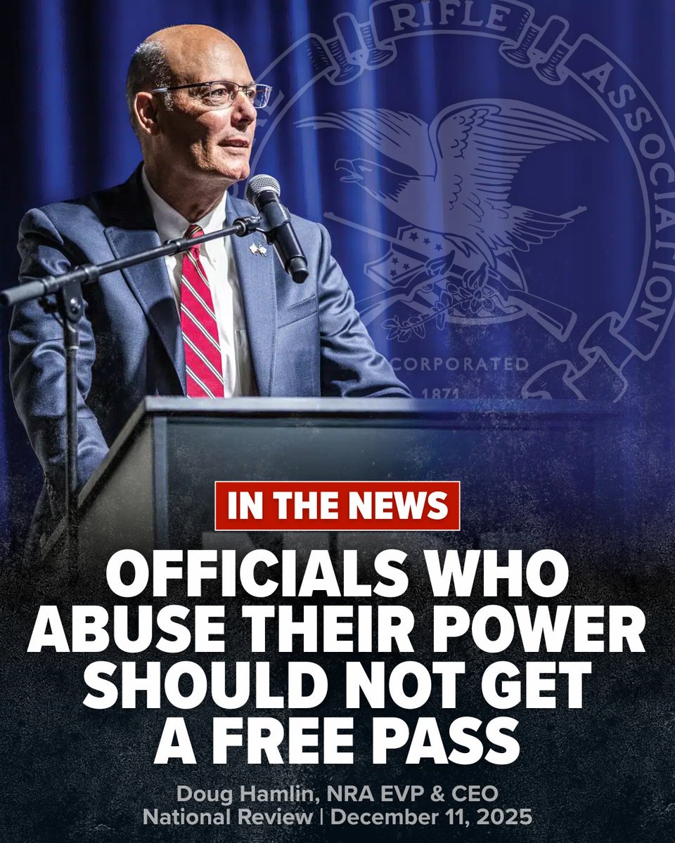 NRA's tweet image. In a new column for @NRO, NRA EVP &amp;amp; CEO Doug Hamlin doesn’t pull punches: "Government officials may speak their mind, but they cannot use their office to deter, punish, or otherwise silence voices they dislike."

It’s time to hold them accountable.

👉 nationalreview.com/2025/12/offici…