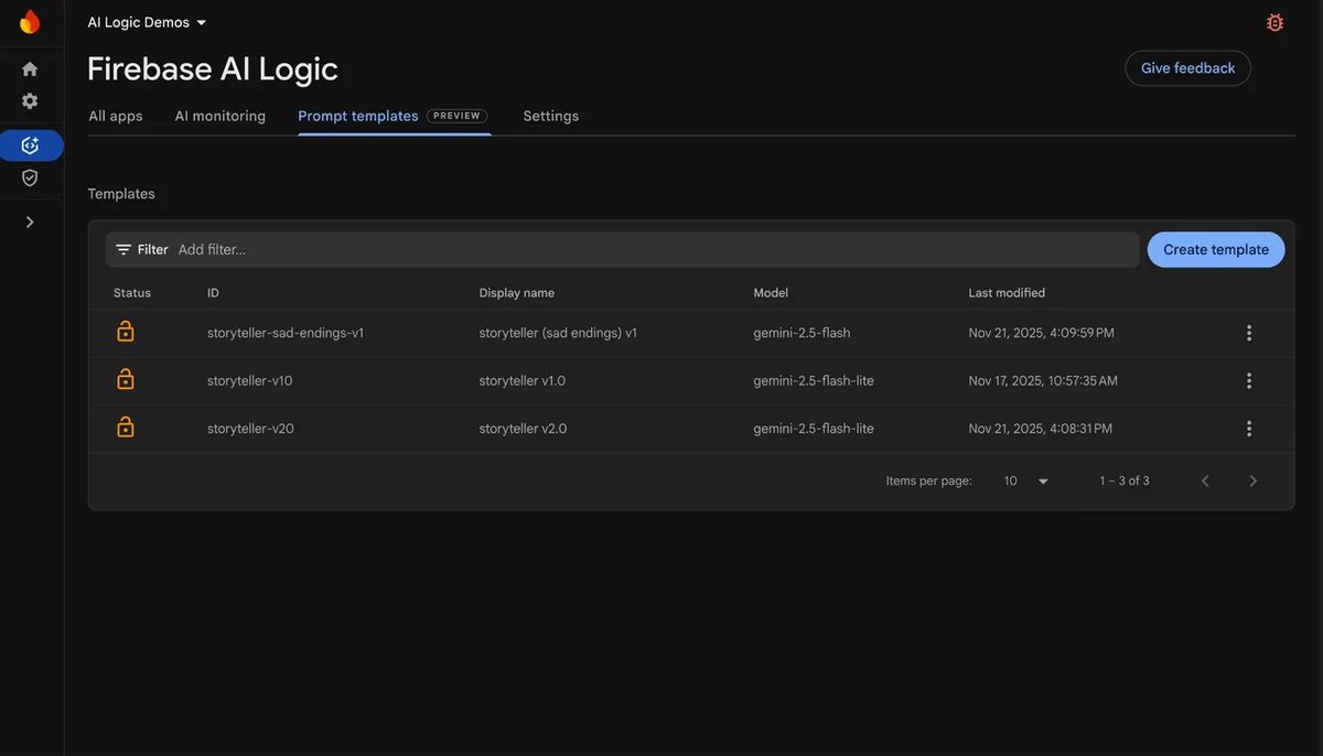 Firebase's tweet image. Introducing server prompt templates for Firebase AI Logic 🔥

This new feature allows you to store your prompts, schema, and model configurations securely on Firebase servers. 

Read the blog → goo.gle/44TFPuM