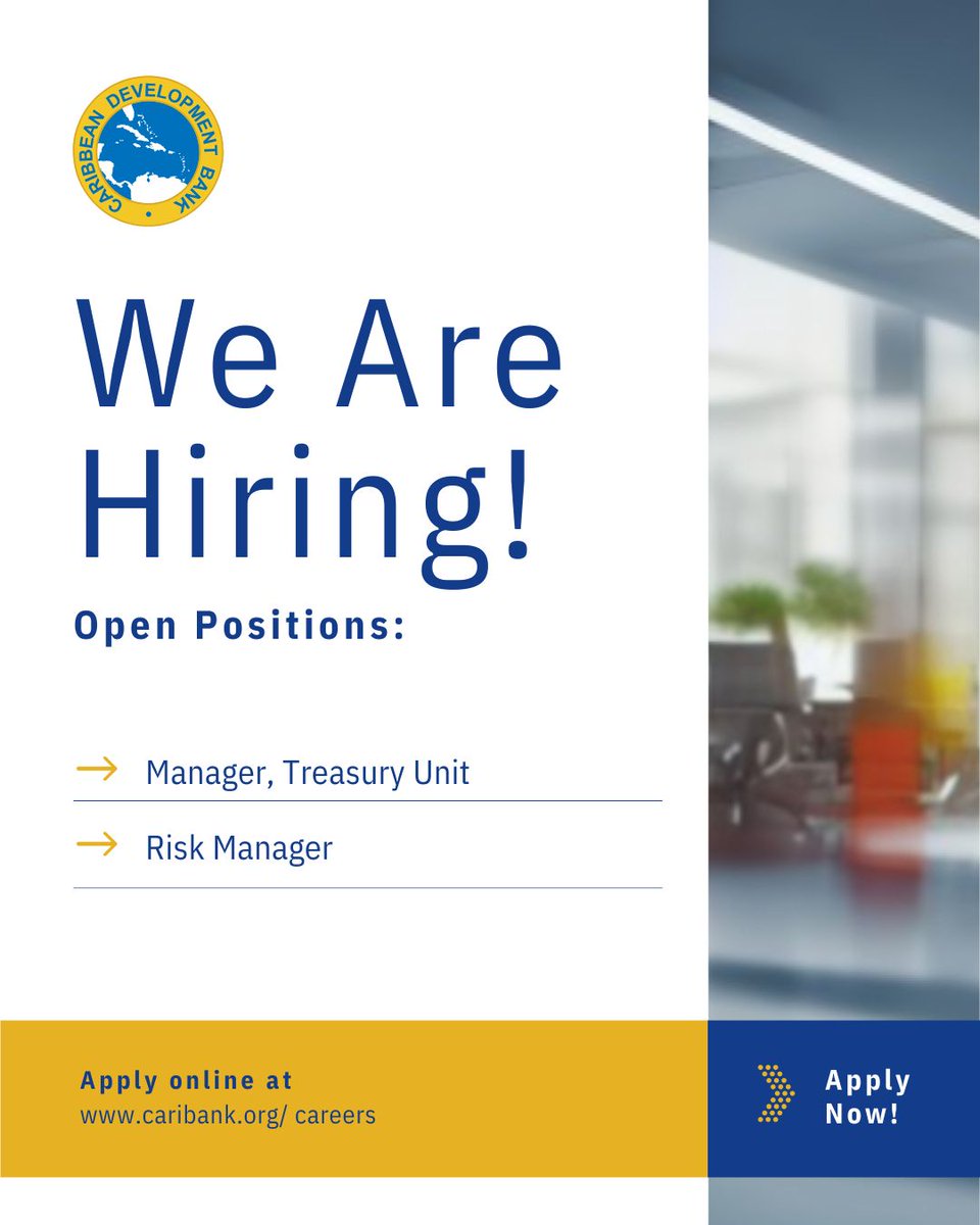Caribank's tweet photo. 🗣️Are You a Skilled Leader in Risk or Treasury?
We have two management roles open until Dec 31. Candidates must be nationals of CDB member countries.
Learn more and apply: https://t.co/SByxqYuVGO
#OurCDB #CDBCareers #RiskManagement #TreasuryManagement #CaribbeanJobs #LeadershipOpportunity #DevelopmentBanking #JoinCDB