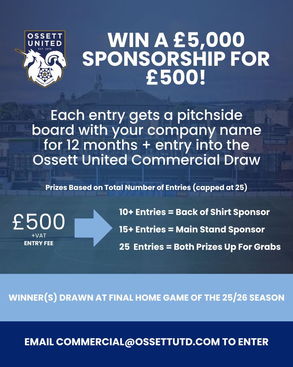 OssettUnited's tweet photo. What if £500 could buy you a shot at a £5,000 sponsorship? 

Here’s your chance to make it happen… 

We’re giving local businesses the opportunity to enter our Sponsorship Draw, where one lucky winner will secure one of our biggest sponsorship packages.

And the best part? 

Every entrant still receives guaranteed advertising around the ground, so you’re never walking away empty-handed.

#OUFC #StrongerTogether