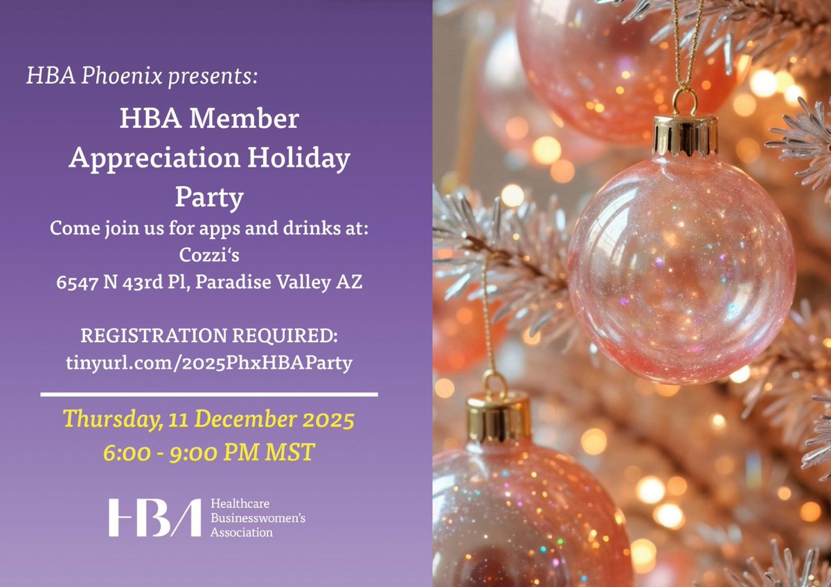 The #HBAPhoenix team is thrilled to welcome our community to the 2025 Member Appreciation Holiday Party. This celebration is our chance to honor our incredible members!

Registration is required: tinyurl.com/2025PhxHBAParty 

Thursday, 11 December 2025
6:00–9:00 PM MT