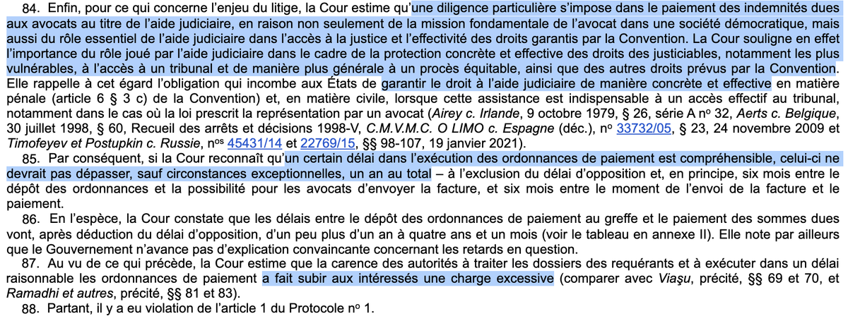 Aide juridictionnelle (AJ) &amp; avocats : Le retard de paiement (plus d'un an) subi par des avocats intervenus à l'AJ viole la CEDH.

A cette occasion, la Cour européenne réaffirme le « rôle essentiel de l’aide judiciaire dans l’accès à la justice &amp; l’effectivité des droits ».