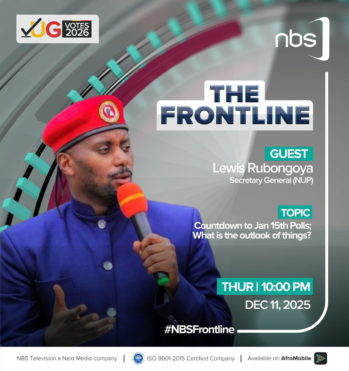 Discussing situations ahead of Uganda's  poll on 15th jan 2026 live <a href="/nbstv/">NBS Television</a>  <a href="/afromobileug/">AfroMobile</a> 10pm tonite. join <a href="/mugishamuntu/">Mugisha Muntu</a> <a href="/OfwonoOpondo/">Ofwono Opondo P'Odel</a> <a href="/norbertmao/">Norbert Mao</a> <a href="/DavidLRubongoya/">David Lewis Rubongoya</a> &amp; Kasibante Robert giving their take on #NBSFlontline.

#UgVotes2026 
#NBSUpdates