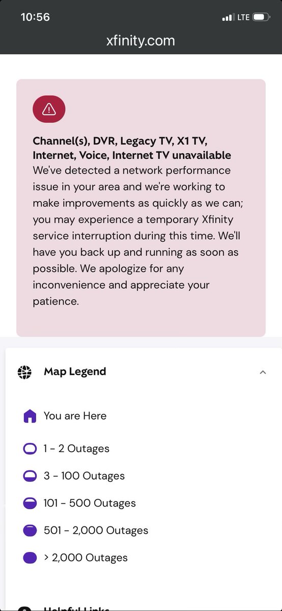 michaelshima's tweet photo. @Xfinity @XfinitySupport At least you have stopped putting a time estimate for service restoration on the alert. Haven’t hit one yet. https://t.co/0rgNk6tOnr