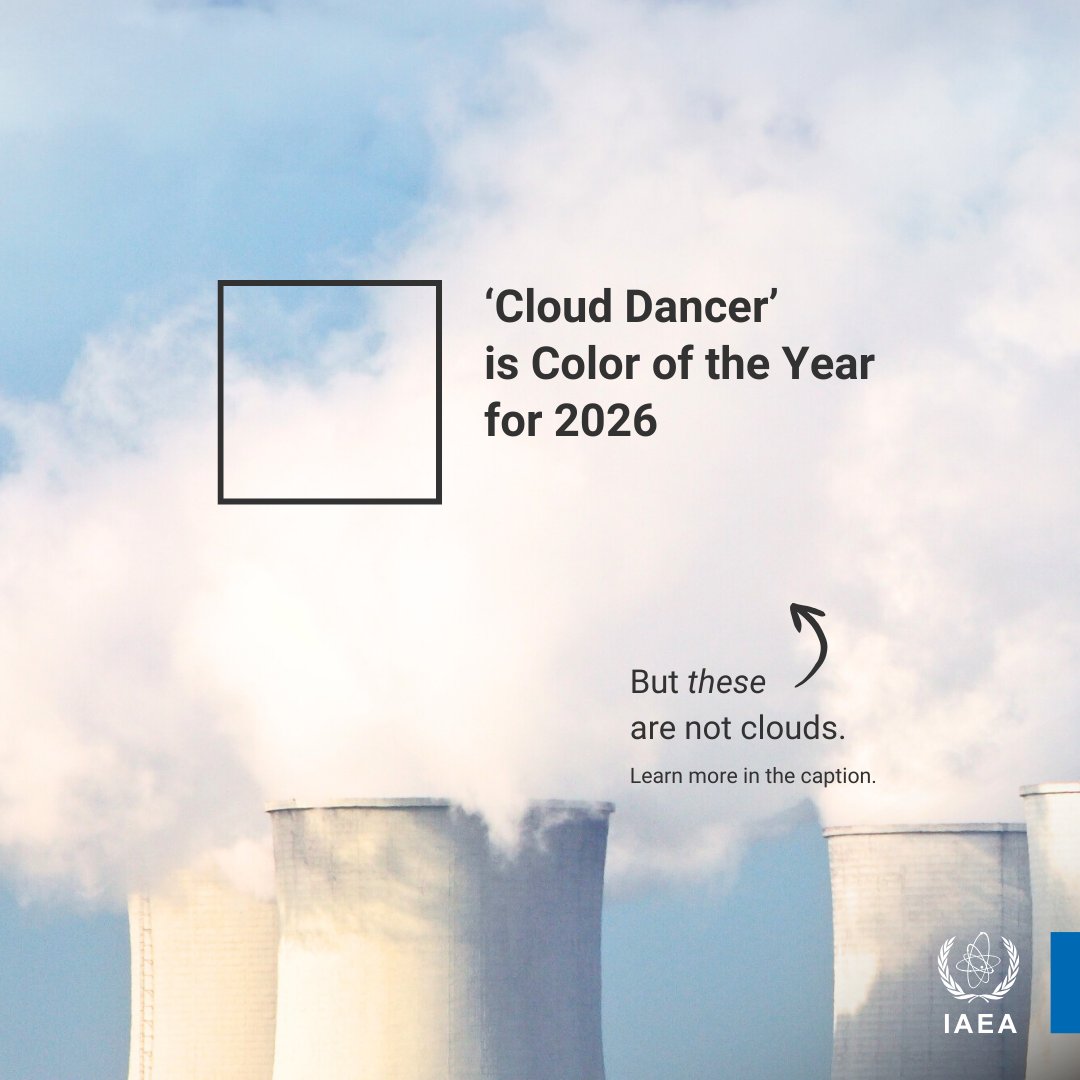 iaeaorg's tweet image. Cloud Dancer is the #ColorOfTheYear for 2026.
What else shares the color of the clouds? The clean, cloudlike steam rising from a nuclear power plant’s cooling tower!

Is it …smoke? …pollution? …radioactive? NOPE — it’s just water vapor.

What are cooling towers used for, and