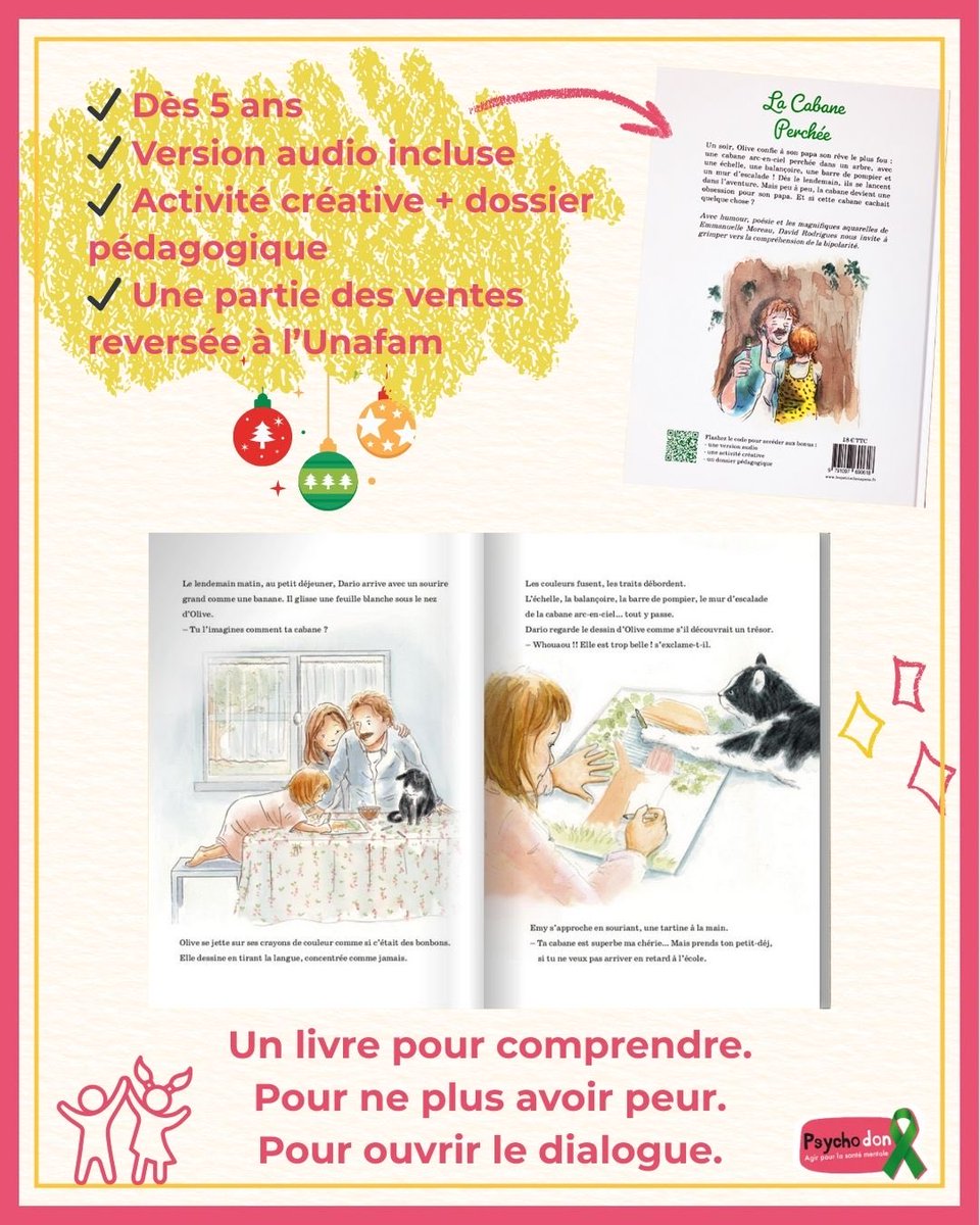 📚🌈 La Cabane Perchée : un livre tendre et poétique pour parler de bipolarité avec les enfants et ouvrir le dialogue en famille.
Une partie des ventes est reversée à l’<a href="/Unafam/">Unafam</a> 
👉 lespetitschenapans.fr/lacabaneperchee

#ParlerDeSantéMentale #LivreJeunesse
