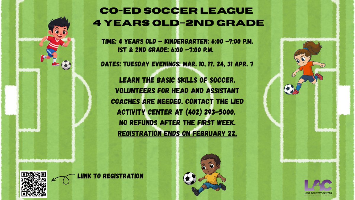 ⚽ Register Now! ⚽
Ready to get your child started in soccer? Our program teaches basic skills, fun drills, and exciting games to build confidence and a love for the sport!
bellevuepublicschools.org/Page/1765